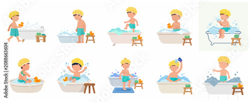 Fotografie Cute little boy bath time routine set, cartoon child character taking a bath in a bathtub with bubbles, soap and rubber duck, flat vector illustration isolated on white background
