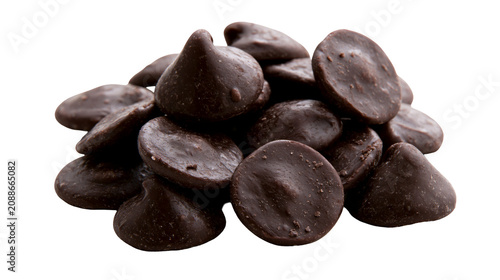 Foto Pile of dark chocolate chips, isolated on transparent background