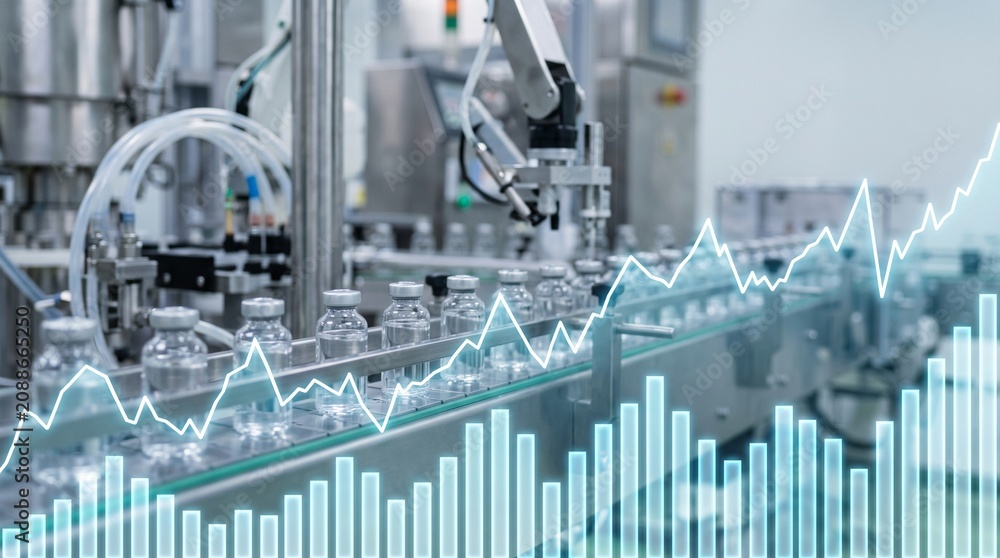 Fototapeta premium Automated pharmaceutical factory production line with an overlay of financial stock market growth charts and bar graphs. Commercial stock photo for biotech investments, science trade, and trends.