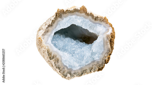фотографія Rough brown geode with sparkling blue crystal cavity, isolated on transparent ba