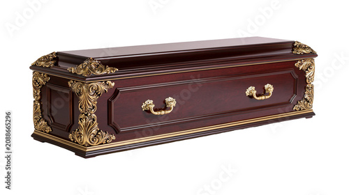 Konstfotografi Ornate dark wood coffin with golden decorative elements, isolated on transparent