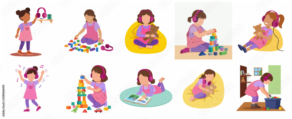 Fototapeta premium Collection of vector illustrations featuring a young girl engaged in various daily activities like playing with blocks, reading, dancing, and listening to music with headphones.