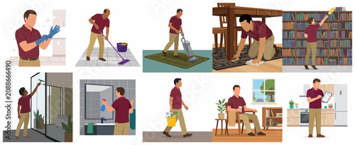 Obraz na płótnie Set of professional male cleaners performing various household chores and janito