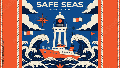 Canvastavla Nautical poster featuring a bright orange ship and tall lighthouse