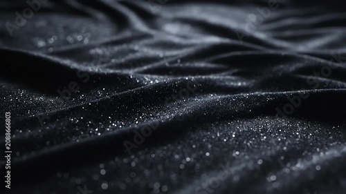 Elegant black velvet fabric with shimmering silver glitter particles in soft light waves