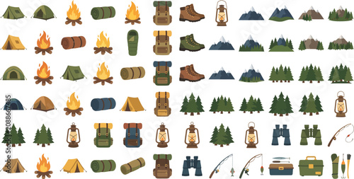 Set of outdoor camping and hiking flat vector icons representing wilderness adventure and recreation equipment