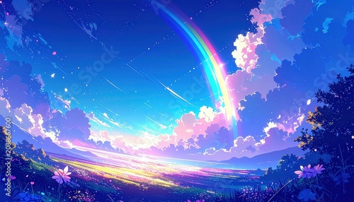 Scia di Meteore Luminose nel Cielo Stellato, Notte Magica e Paesaggio Onirico in Stile Anime