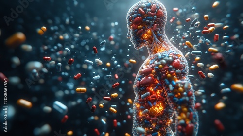 Realistic 3D Model of the Human Figure with Visible Organs and Nutritional Supplements Surrounding It, Highlighting the Connection Between Wellness and Nutrition. --ar 16:9 --stylize 750 --v 6.1 Job I