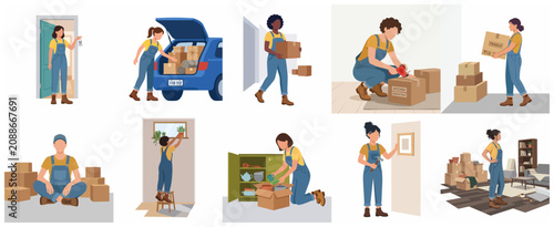Foto Set of flat vector illustrations depicting the process of moving house, including packing, loading, and settling into a new home