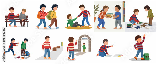 Konstfotografi Children Helping Each Other and Showing Kindness Illustration Set