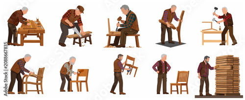 Foto Set of carpenter characters working on woodworking projects, craftsman making furniture using various tools, flat vector illustration of woodworking processes on white background