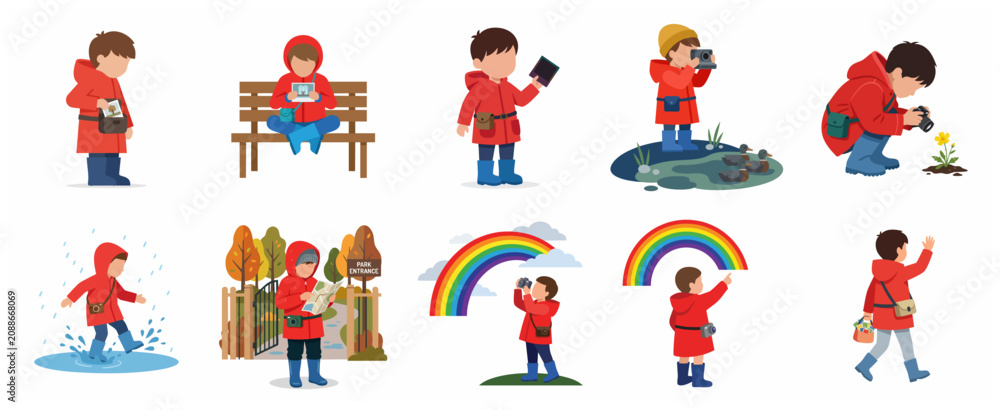 Fototapeta premium Vector illustration set of a young boy in a red raincoat exploring nature, taking photos, and enjoying outdoor activities in various weather conditions.