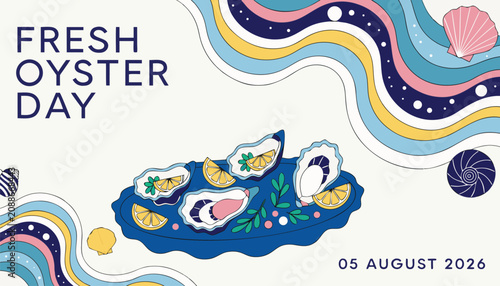 Fotografía Fresh oyster day poster design with colorful wavy ocean patterns