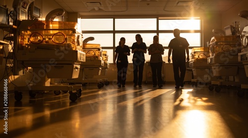 Neonatal unit during evening rounds at golden hour