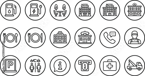 Obraz na płótnie Set of hotel and travel service location icons in circular frames