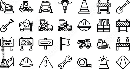 Foto Set of construction site equipment and safety sign icons with equipment