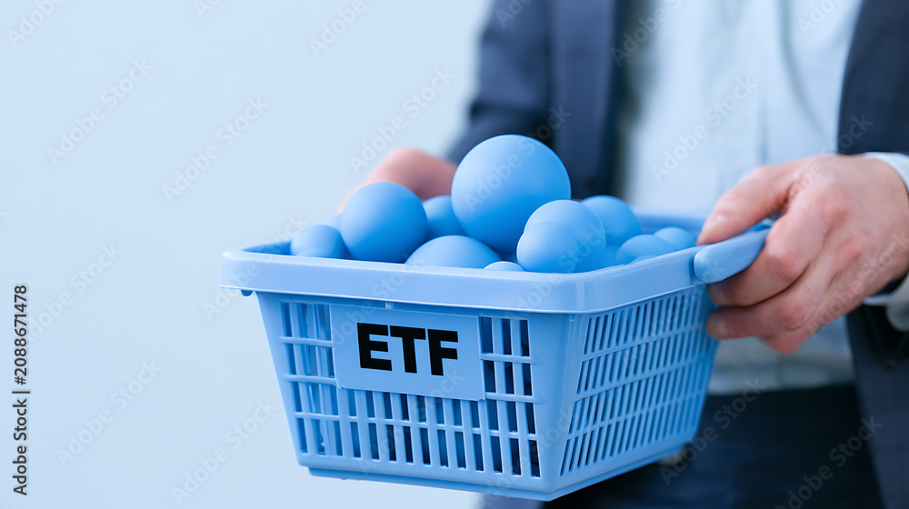 Fototapeta premium A businessman holds a blue shopping basket filled with blue spheres, representing investment diversification and market exchange trades