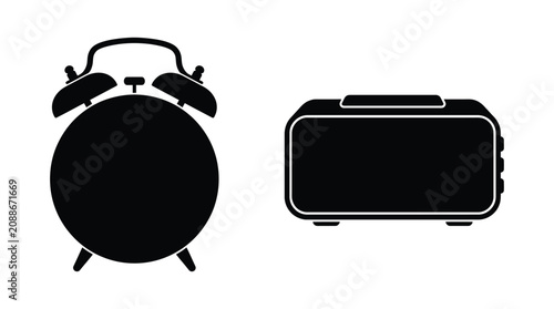 Foto Alarm Clock And Radio Silhouette On A White Background