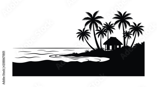 Fotografía Tropical beach scene with palm trees and hut black silhouette
