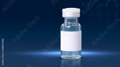 Clear Glass Medical Vial with Blank White Label on Reflective Surface against Dark Blue Background with Subtle Hexagonal Pattern