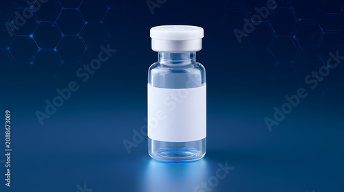 Clear Glass Medical Vial with Blank Label on Blue Scientific Background - Modern Healthcare and Pharmaceutical Concept for Treatment