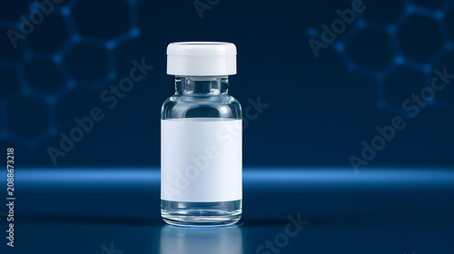 Clear Glass Vial with White Cap and Blank Label on a Dark Blue Background with Molecular Structure Overlay, Medical Research Focus