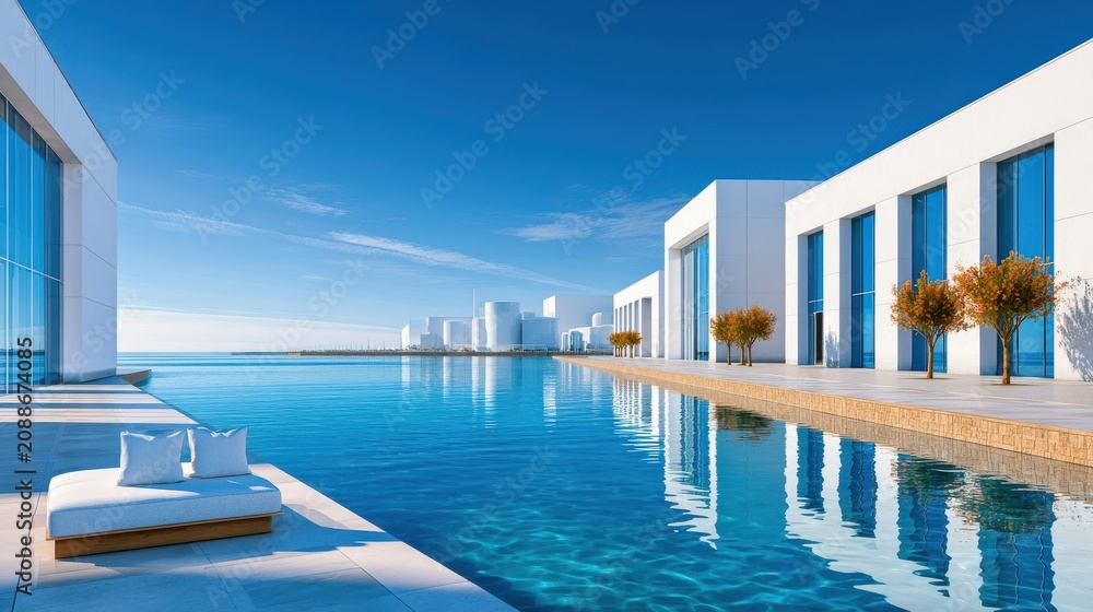 Fototapeta premium Massive seawater desalination plant on a sunny coastline with modern white buildings and reflecting pool