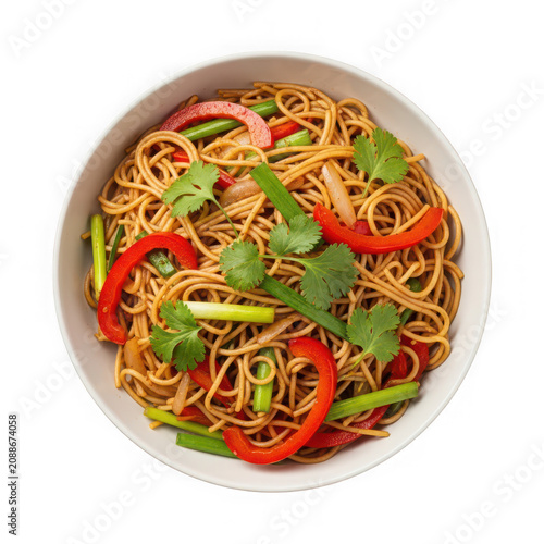 Bowl of stir fried noodles with vegetables and peppers