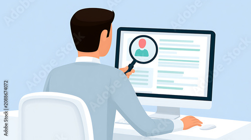 Professional Man Search Digital Data for Employee Recruitment or Candidate Selection, Internet Research and Online Information Review