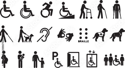 Set of black disability and accessibility icons for public signs Vector