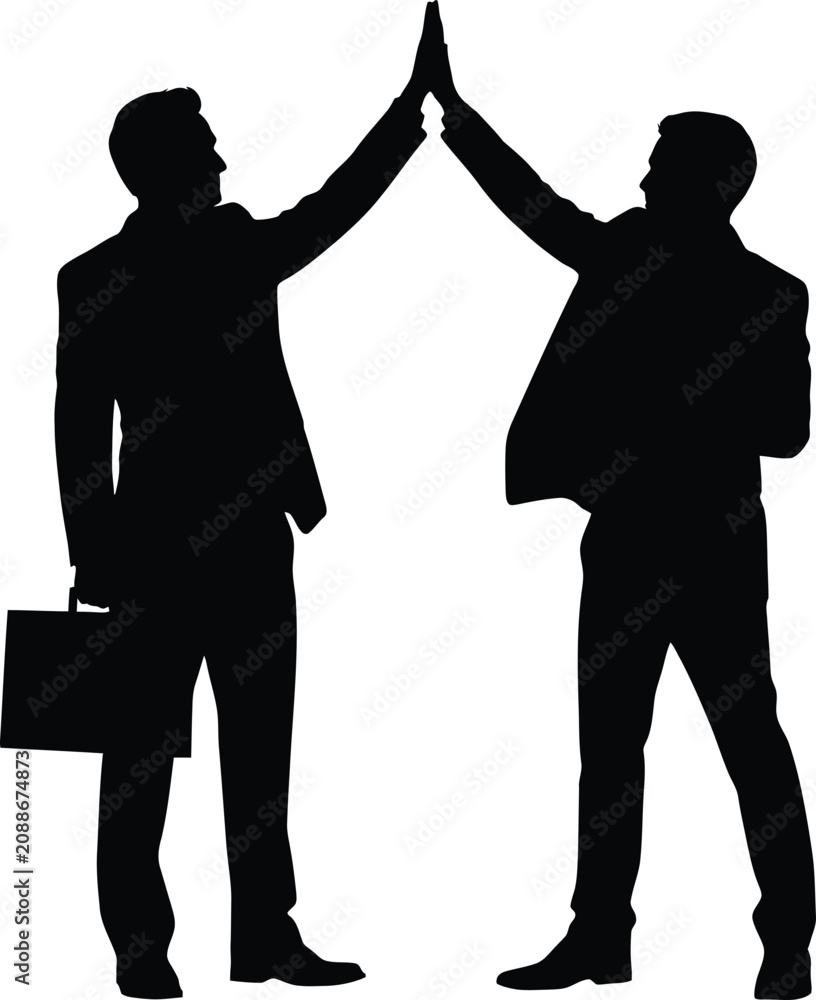 Fototapeta premium Silhouette of two business people in suits performing a five gesture while holding a briefcase isolated on a white background