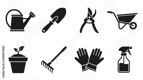 фотографія Gardening tools icon set with 8 black silhouettes, professional garden equipment