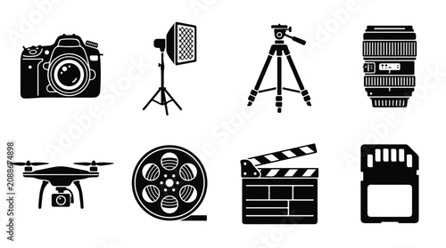 Fotografía Photography and videography equipment icons, set of 8 black vector silhouettes,