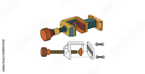 Mechanical C-Clamp Vector Illustration with Exploded View