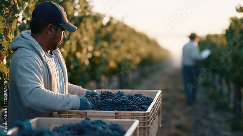 A vineyard worker harvests dark grapes into crates at golden hour with another person blurred in the row.