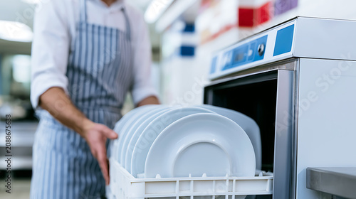 Chef or server place clean white dishes into a commercial dishwasher in a professional restaurant kitchen, focusing on hygiene practices
