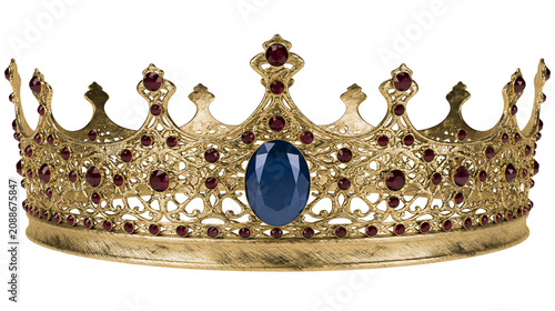 Fotografie Ornate golden crown with blue oval gemstone and red accent stones, isolated on t