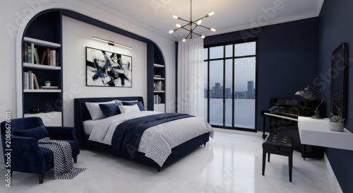 Luxury modern navy blue and white bedroom