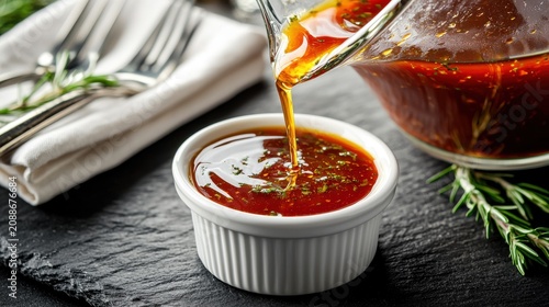 Premium signature sauce being poured from glass container into white ceramic ramekin with fresh herbs on elegant slate serving board