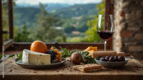 Still life with red wine, olives and an assortment of cheeses, including a piece of hard cheese with holes and a round cheese with white mold.