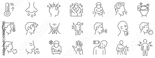 Fotografía Medical Symptoms Line Icons Set Human Body Health Problems, Illness Signs, Disease Outline Vector Collection