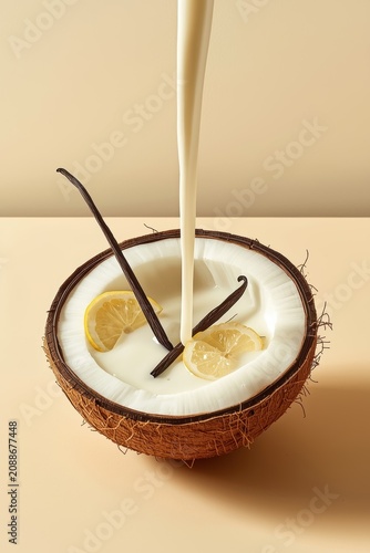Coconut milk is poured into a half coconut, garnished with vanilla pods and a slice of lemon.