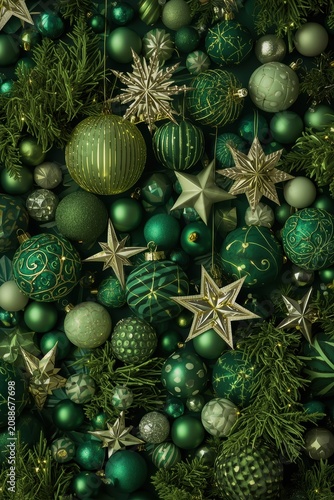 The Christmas tree is decorated with balls and stars in shades of green, gold, and silver, creating an elegant and deep festive look in a natural forest style.