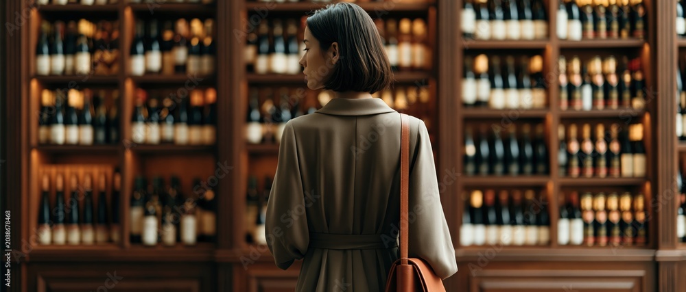 Obraz premium Aspirational lifestyle moment stylish woman in tailored coat contemplates an extensive wine selection in a warmly lit boutique cellar. Perfect for gourmet, travel, and luxury retail.