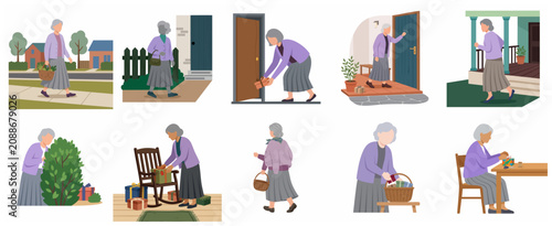 Set of vector illustrations depicting an elderly woman delivering gifts, walking, and preparing surprises during the holiday season
