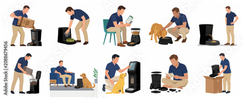Photos Man using smart automatic dog feeder illustrations set