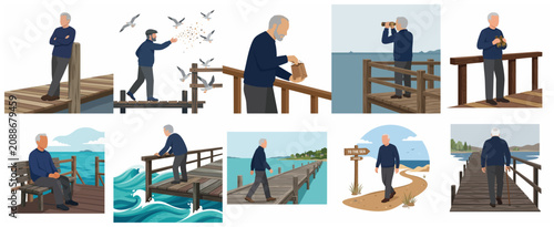 Photos Set of flat vector illustrations featuring an elderly man enjoying various activ