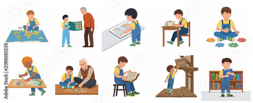 Photography Set of children and grandfather engaged in philately hobby and postage stamp col