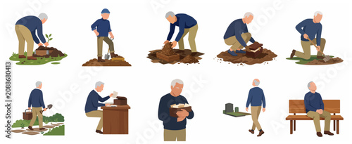 Obraz na plátně Elderly man burying and unearthing time capsule with nostalgic memories and old
