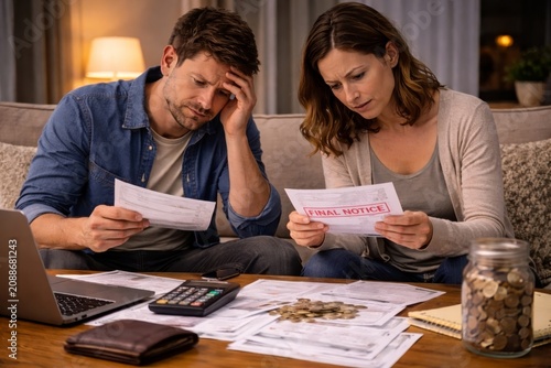 Couple holding final notice letters at home. Family facing debt collection and serious financial difficulties.
